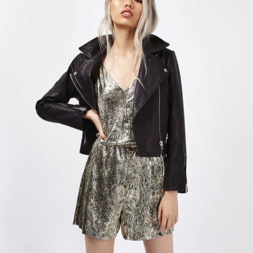 [Topshop] Foil Leaf Print Gold Romper